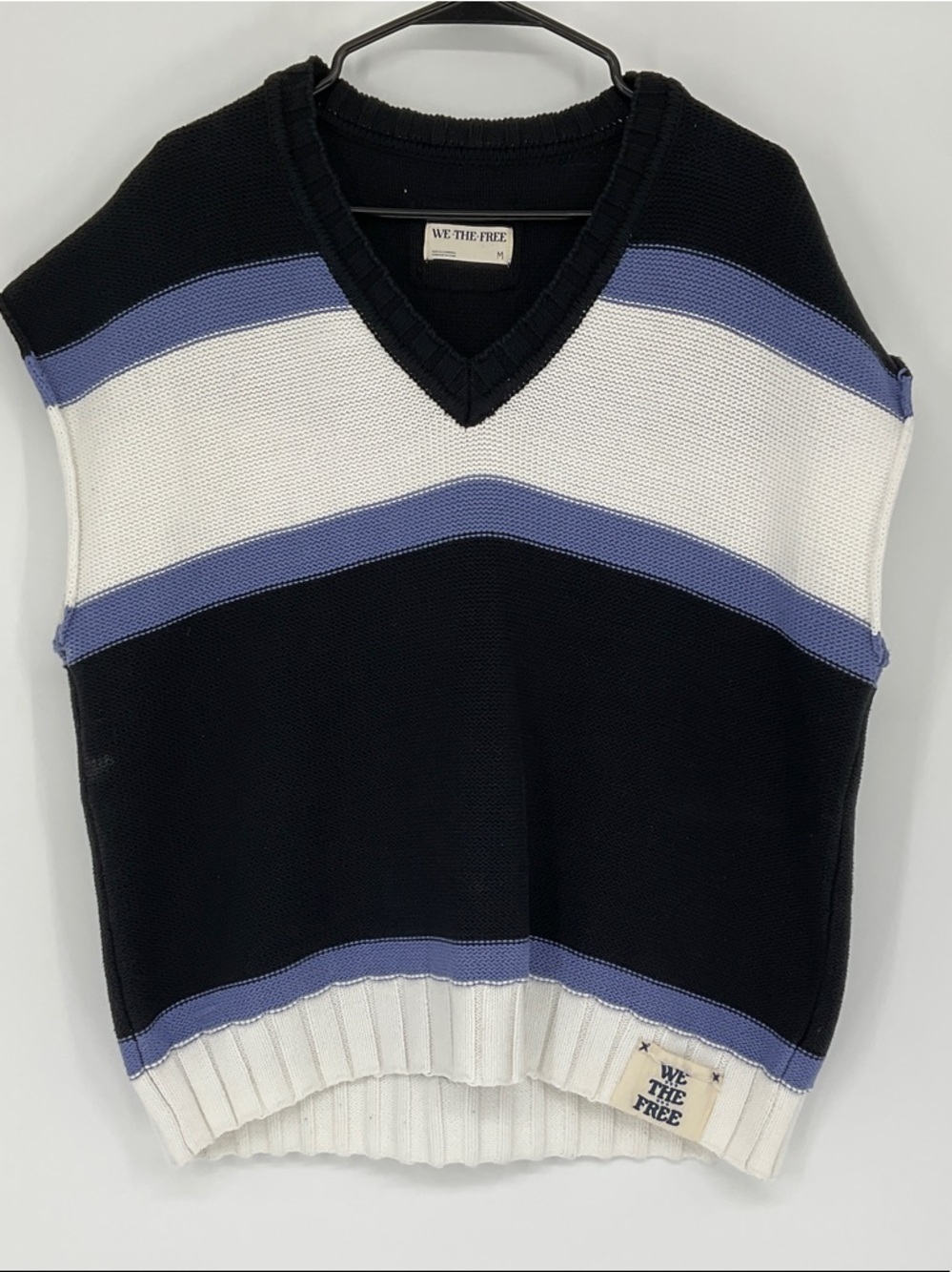 We The Free Free People Sz M Navy Stripe Sweater Vest V-Neck Knit Cotton
